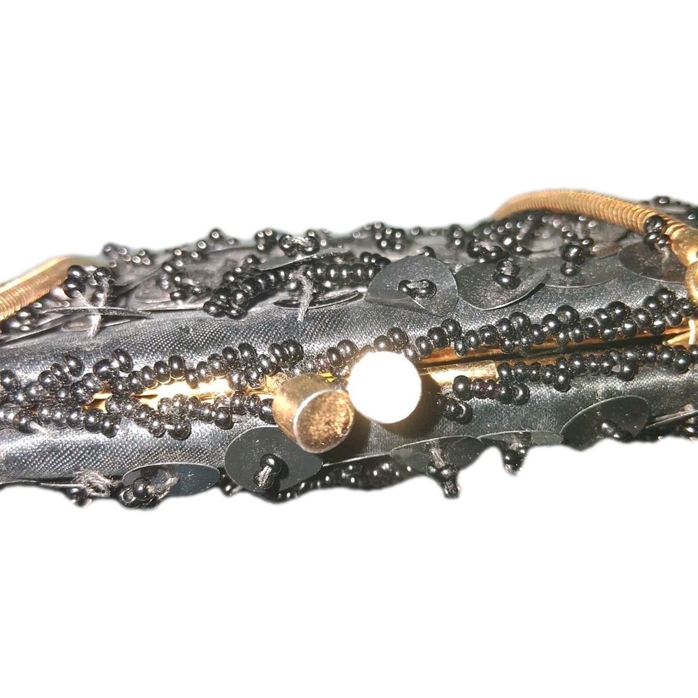 Vintage Black Beaded Sequin Evening Clutch‎ Bag Gold Tone Kiss Lock Hong Kong - Picture 2 of 7